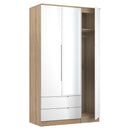 Milan Tall 2 Drawer Tiple Mirror Wardrobe in White Gloss & Bardolino Oak - Ready Assembled