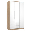 Milan Tall 2 Drawer Tiple Mirror Wardrobe in White Gloss & Bardolino Oak - Ready Assembled