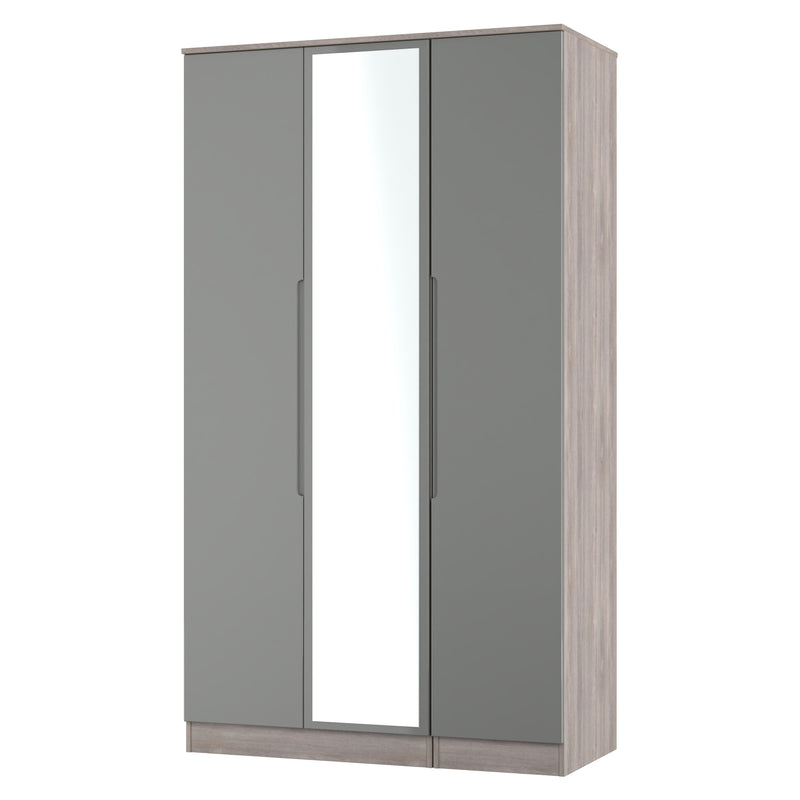 Cannes Ready Assembled Tall Triple Mirror Wardrobe in Grey Gloss & Grey Oak