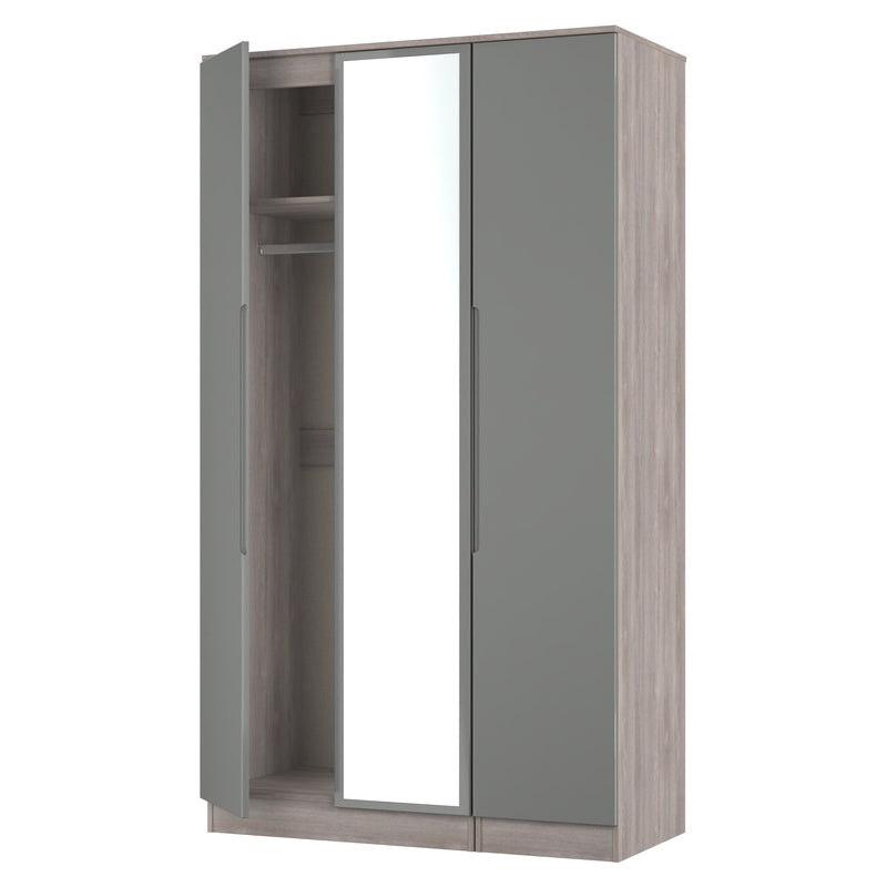Cannes Ready Assembled Tall Triple Mirror Wardrobe in Grey Gloss & Grey Oak