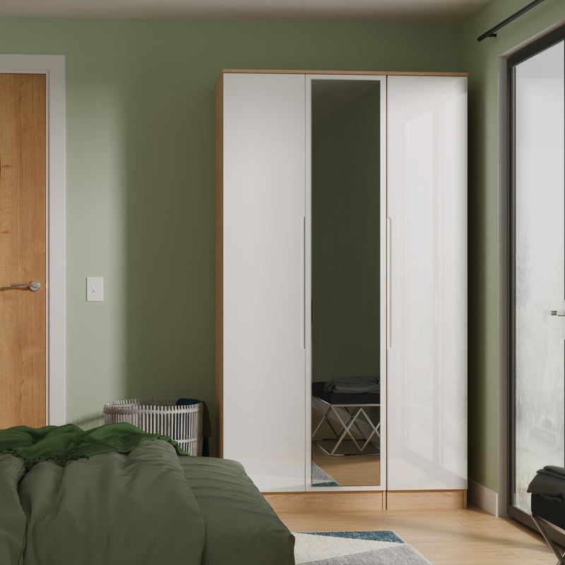Milan Tall Triple Mirror Wardrobe in White Gloss & Bardolino Oak - Ready Assembled