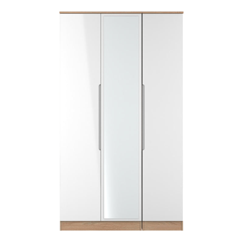 Milan Tall Triple Mirror Wardrobe in White Gloss & Bardolino Oak - Ready Assembled