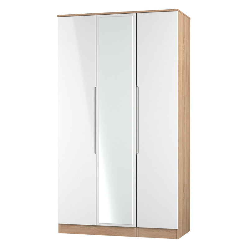 Milan Tall Triple Mirror Wardrobe in White Gloss & Bardolino Oak - Ready Assembled