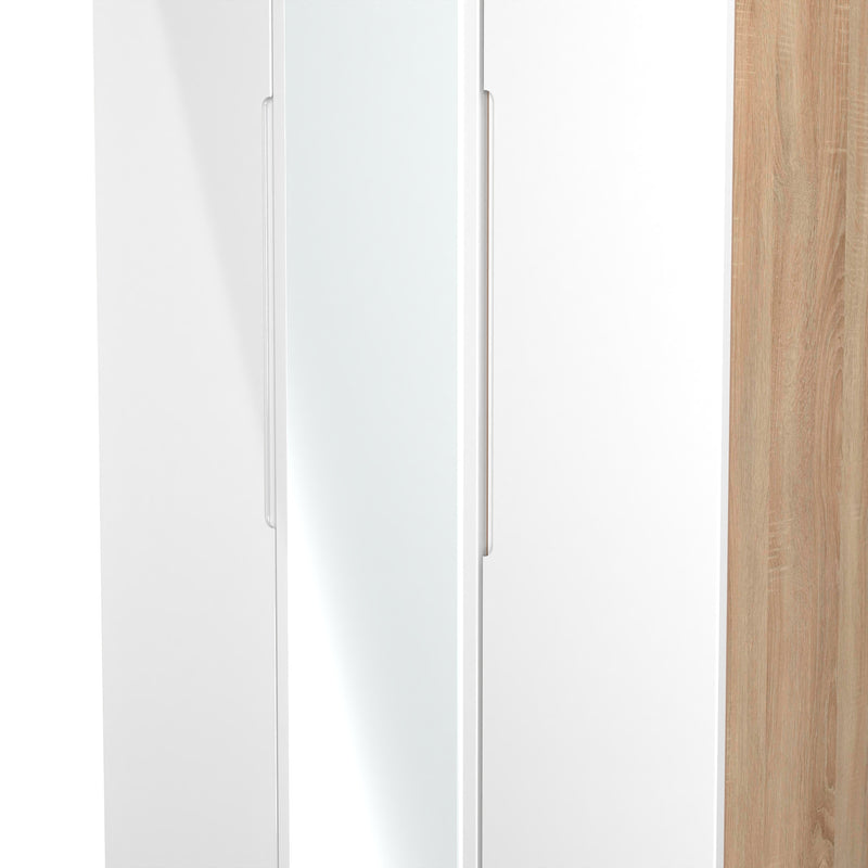 Milan Tall Triple Mirror Wardrobe in White Gloss & Bardolino Oak - Ready Assembled