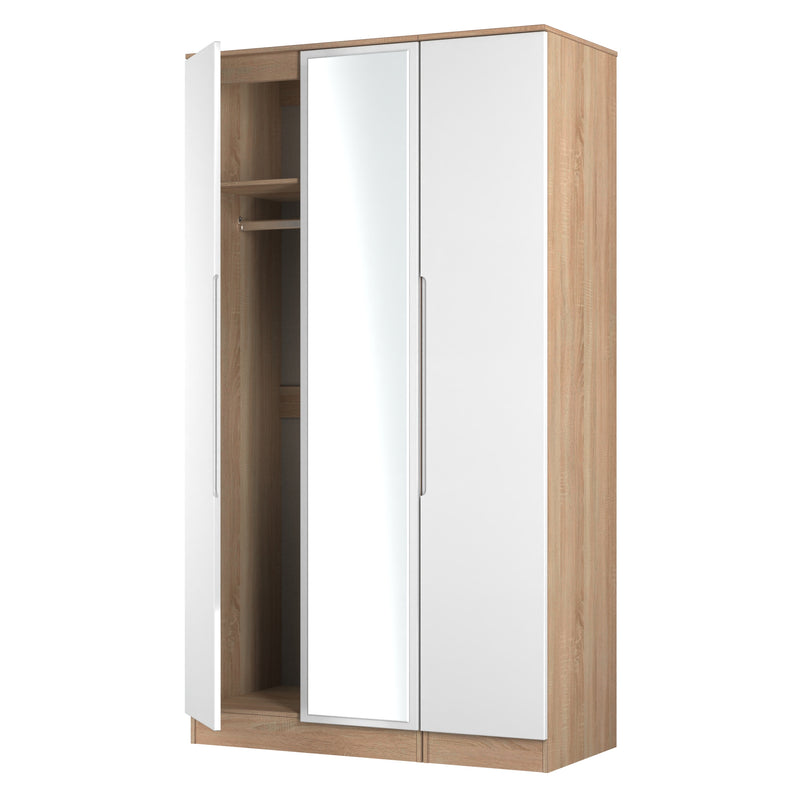 Milan Tall Triple Mirror Wardrobe in White Gloss & Bardolino Oak - Ready Assembled