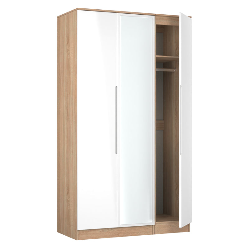 Milan Tall Triple Mirror Wardrobe in White Gloss & Bardolino Oak - Ready Assembled