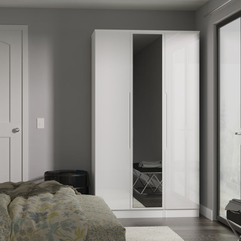 Milan Tall Triple Mirror Wardrobe in White Gloss & White - Ready Assembled