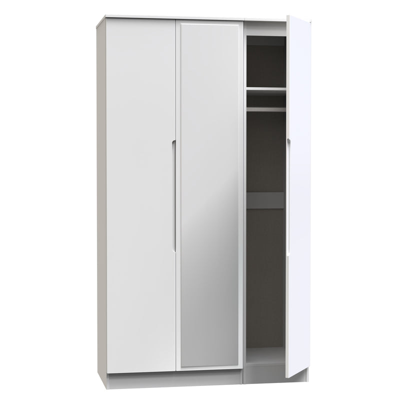 Milan Tall Triple Mirror Wardrobe in White Gloss & White - Ready Assembled
