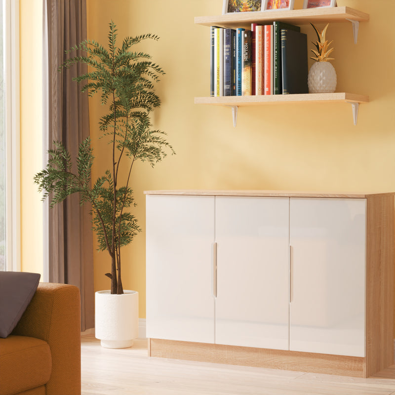 Milan 3 Door Sideboard in White Gloss & Bardolino Oak - Ready Assembled