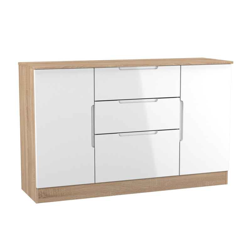 Milan 2 Door 3 Drawer Sideboard in White Gloss & Bardolino Oak - Ready Assembled
