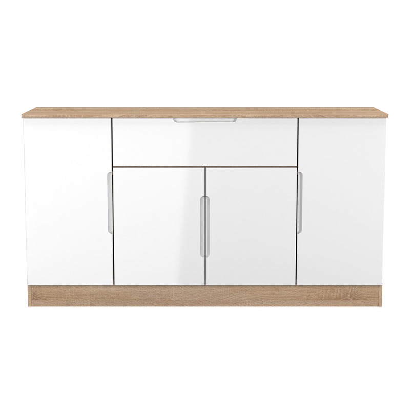 Milan 4 Door 1 Drawer Wide Unit in White Gloss & Bardolino Oak - Ready Assembled