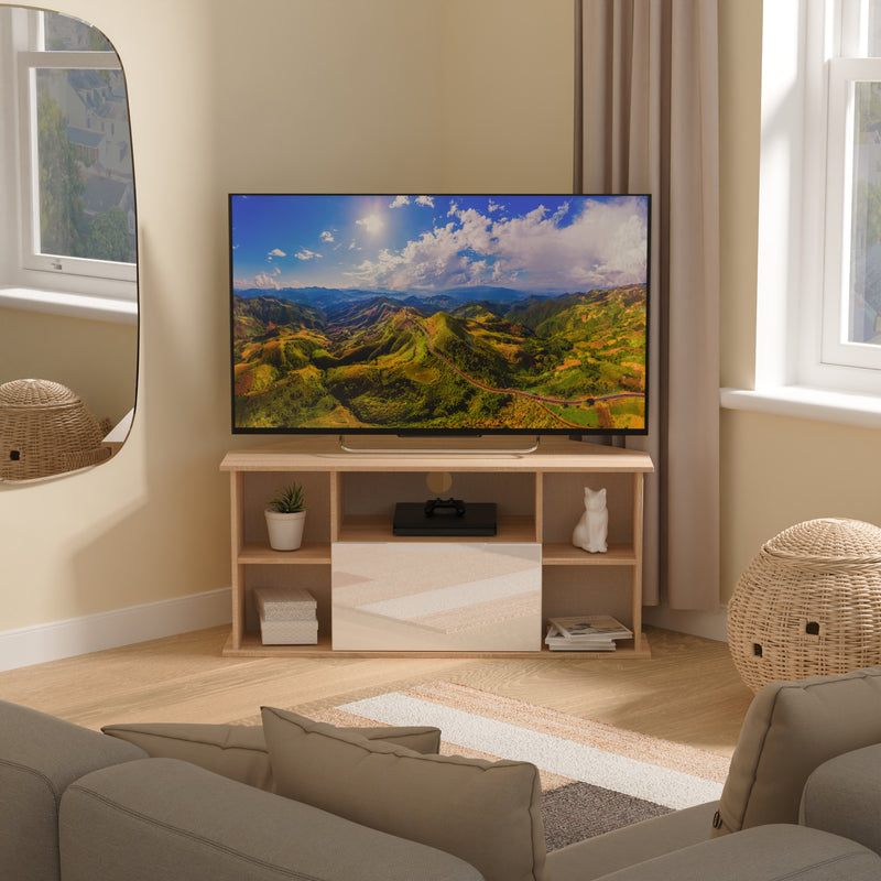 Milan Corner TV Unit in White Gloss & Bardolino Oak - Ready Assembled
