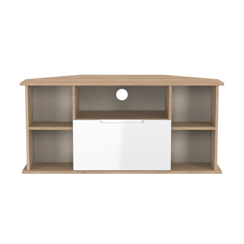 Milan Corner TV Unit in White Gloss & Bardolino Oak - Ready Assembled