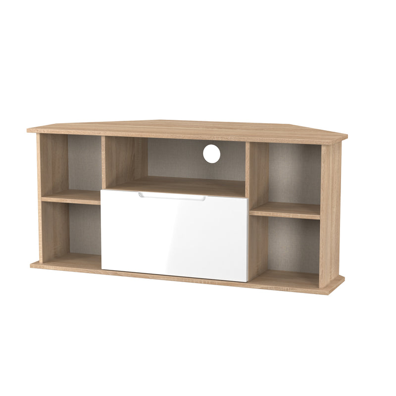 Milan Corner TV Unit in White Gloss & Bardolino Oak - Ready Assembled