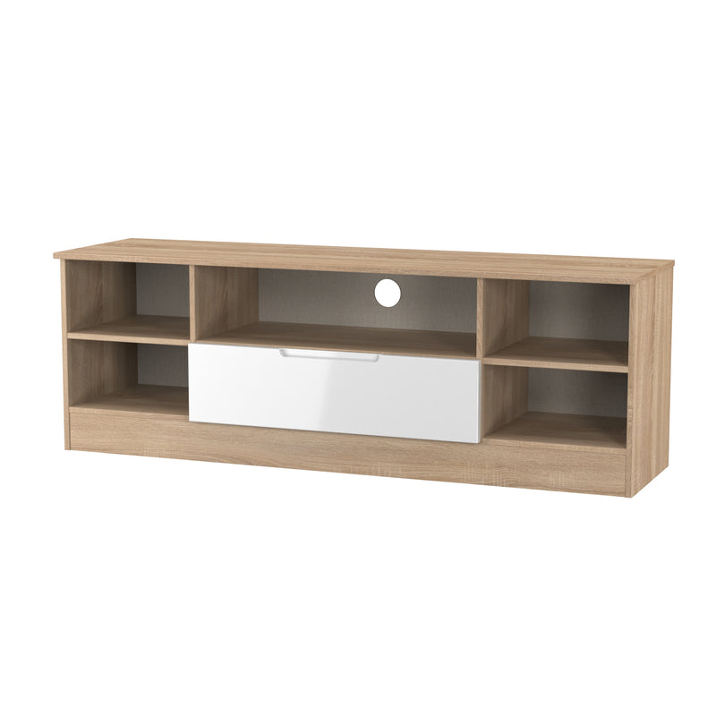 Milan Wide 1 Drawer TV & Media Unit in White Gloss & Bardolino Oak - Ready Assembled
