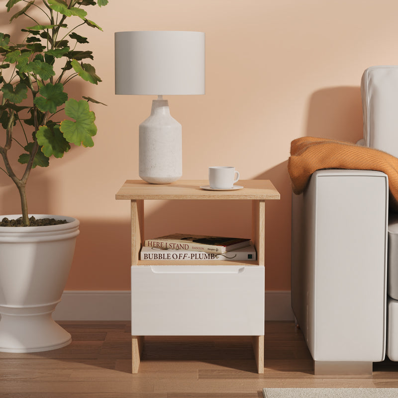 Milan Bottom Drawer Lamp Table in White Gloss & Bardolino Oak - Ready Assembled