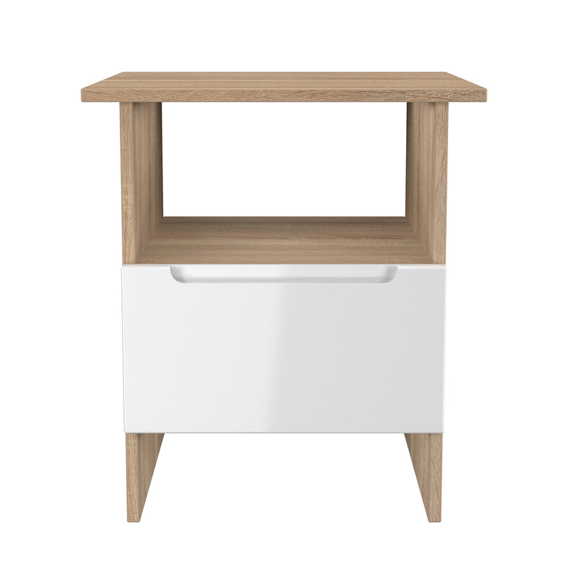 Milan Bottom Drawer Lamp Table in White Gloss & Bardolino Oak - Ready Assembled