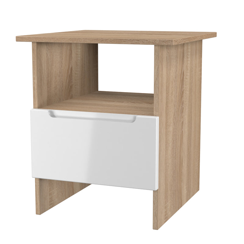 Milan Bottom Drawer Lamp Table in White Gloss & Bardolino Oak - Ready Assembled