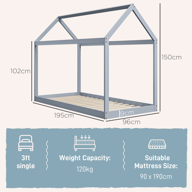 HOMCOM Wooden Single Bed Frame With Tree House Style, White And Grey