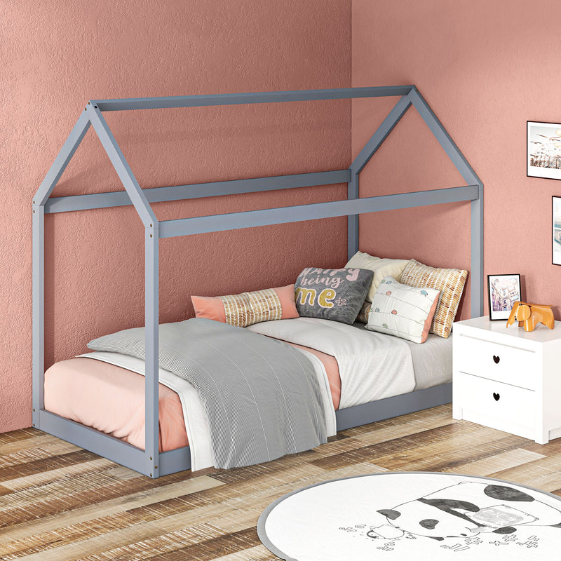 HOMCOM Wooden Single Bed Frame With Tree House Style, White And Grey