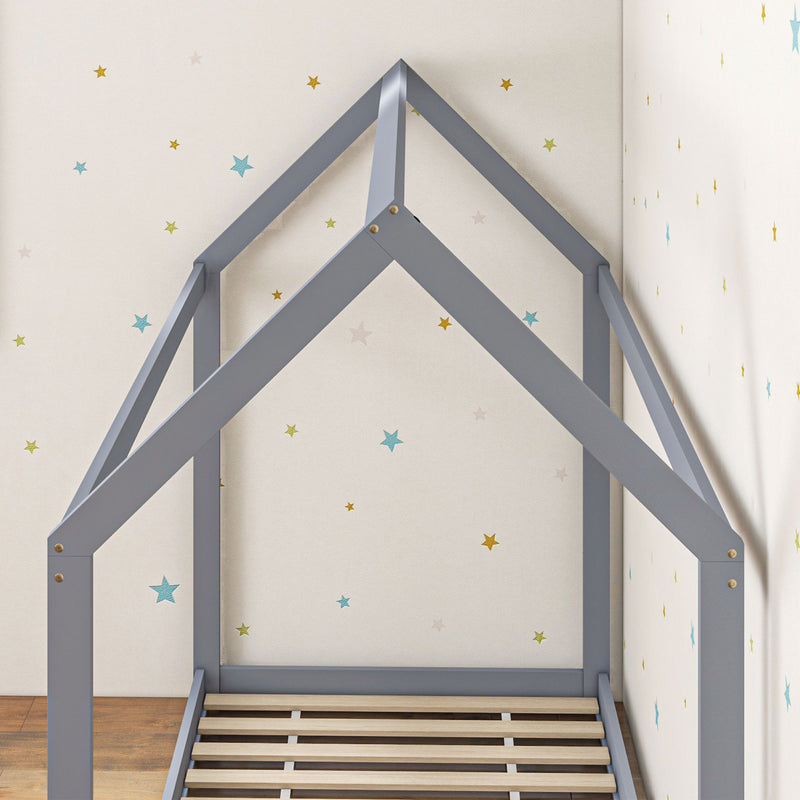 HOMCOM Wooden Single Bed Frame With Tree House Style, White And Grey