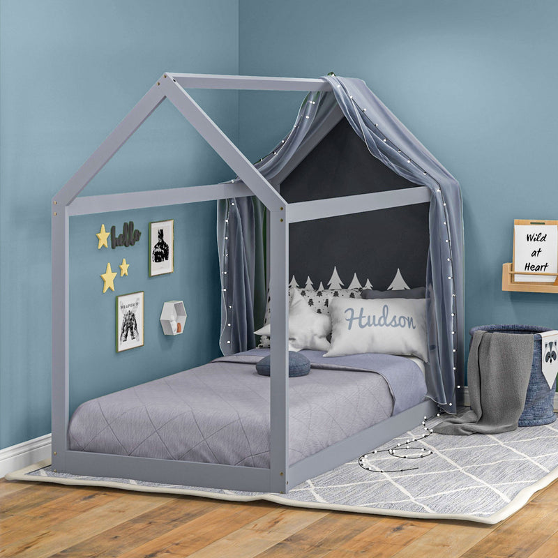 HOMCOM Wooden Single Bed Frame With Tree House Style, White And Grey