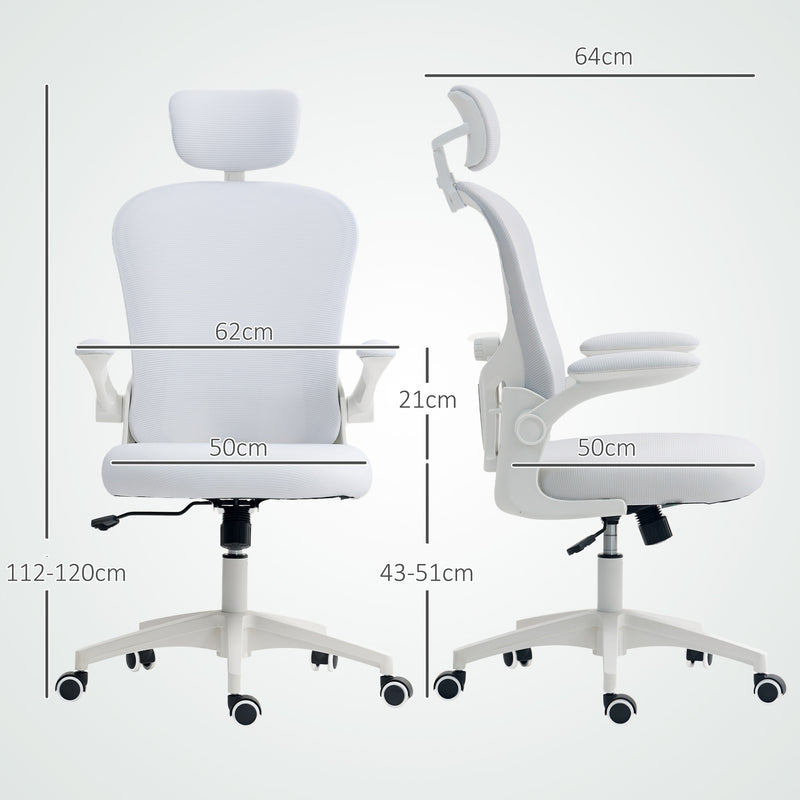 Vinsetto Mesh Chair With Headrest, 4D Lumbar Support, Flip-up Arm - White/Pink/Black