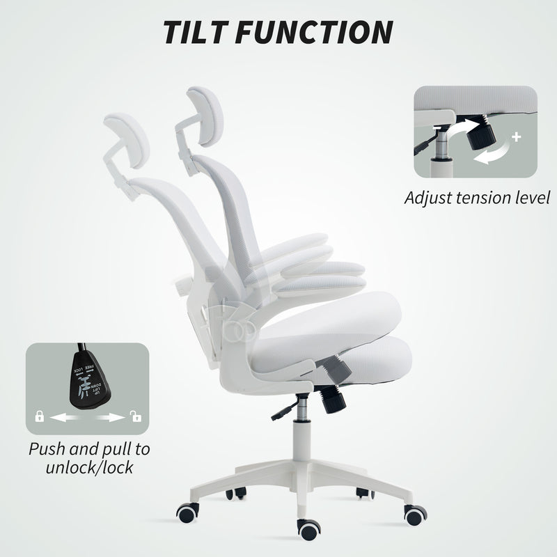 Vinsetto Mesh Chair With Headrest, 4D Lumbar Support, Flip-up Arm - White/Pink/Black