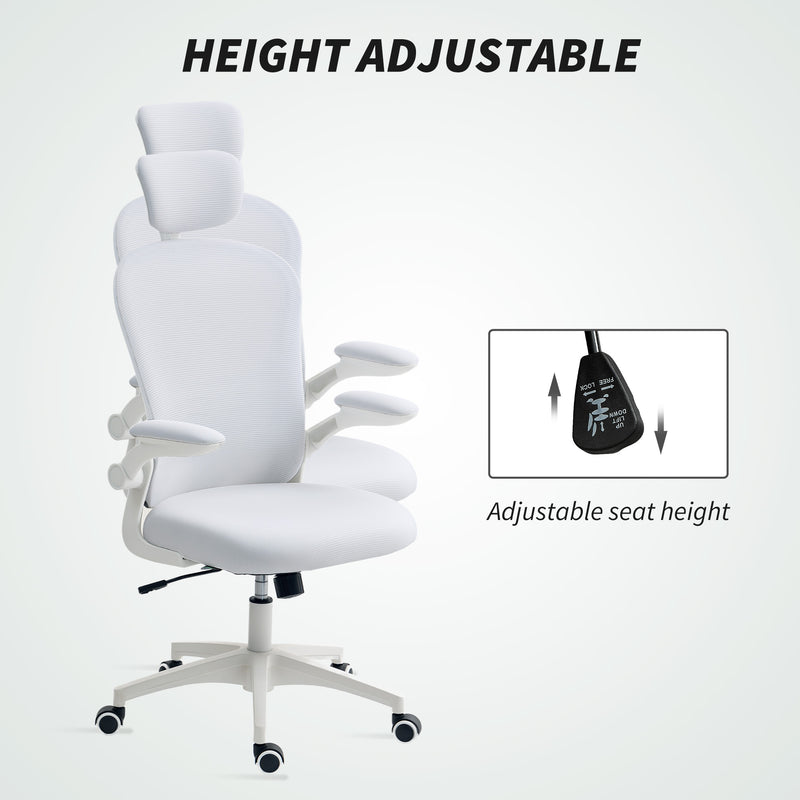 Vinsetto Mesh Chair With Headrest, 4D Lumbar Support, Flip-up Arm - White/Pink/Black