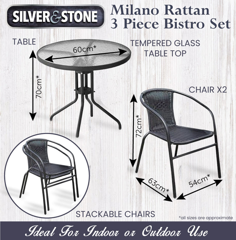 Silver & Stone Milano Rattan Bistro 3 Piece Furniture Set - Grey