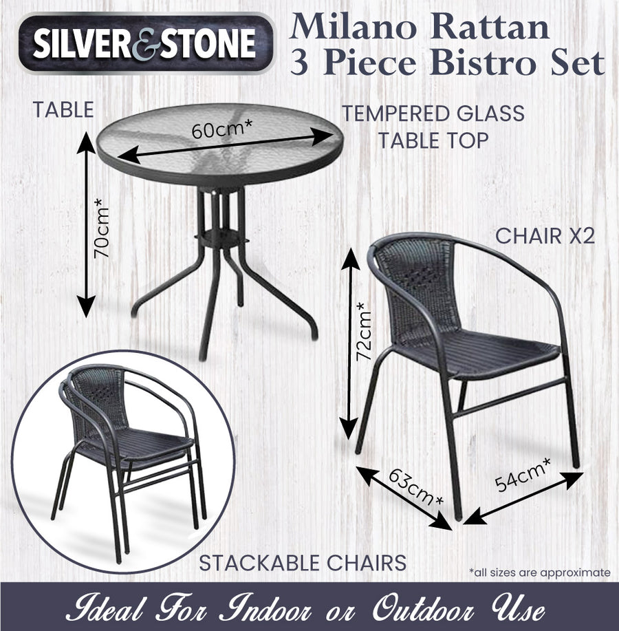 Silver Stone Milano Rattan Bistro 3 Piece Furniture Set Grey