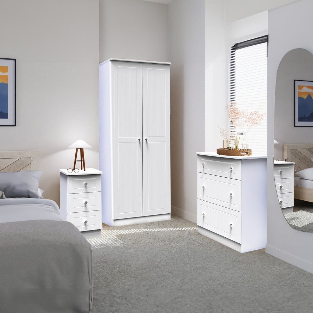 Monroe Ready Assembled 3 Piece Bedroom Furniture Set White Matt White