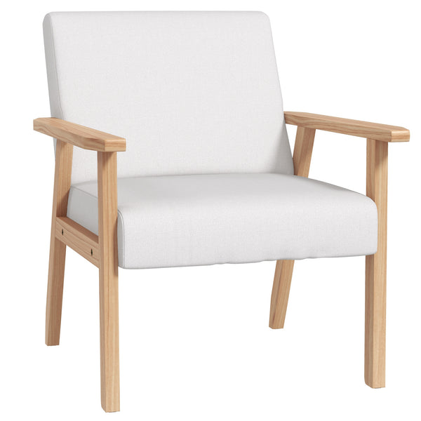 HOMCOM Accent Chair With Wood Frame Wide Seat Linen Armchair Cream White