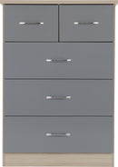NEVADA 3+2 DRAWER CHEST - GREY GLOSS/LIGHT OAK EFFECT VENEER