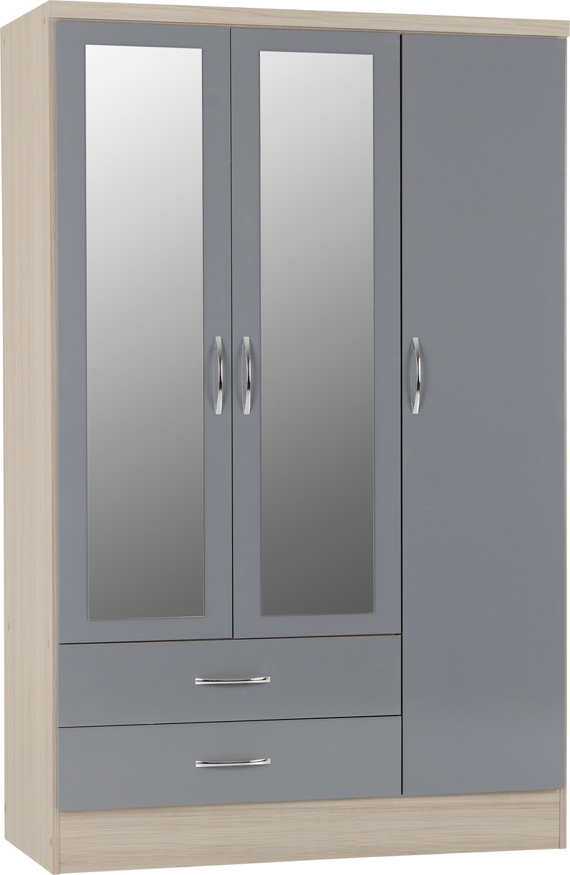 NEVADA 3 DOOR 2 DRAWER WARDROBE - GREY GLOSS/LIGHT OAK EFFECT VENEER