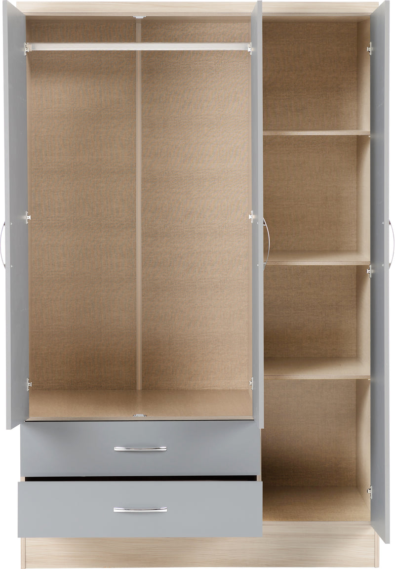 NEVADA 3 DOOR 2 DRAWER WARDROBE - GREY GLOSS/LIGHT OAK EFFECT VENEER