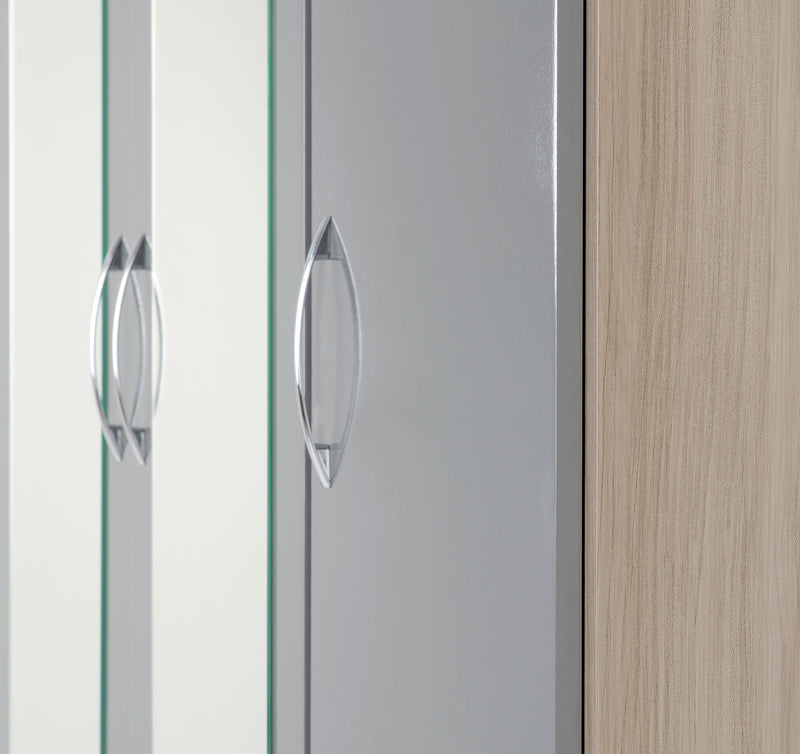 NEVADA 3 DOOR 2 DRAWER WARDROBE - GREY GLOSS/LIGHT OAK EFFECT VENEER