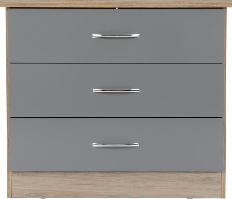 NEVADA 3 DRAWER CHEST - GREY GLOSS/LIGHT OAK EFFECT VENEER