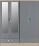 NEVADA 4 DOOR 2 DRAWER WARDROBE - GREY GLOSS/LIGHT OAK EFFECT VENEER
