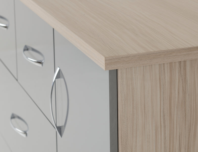 NEVADA 5 DRAWER LOW WARDROBE - GREY GLOSS/LIGHT OAK EFFECT VENEER