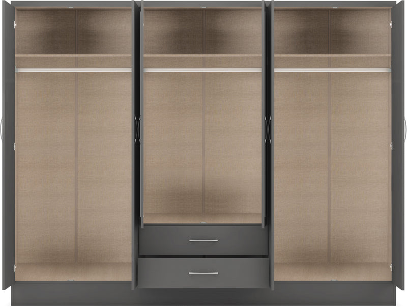 NEVADA 6 DOOR 2 DRAWER WARDROBE - 3D EFFECT GREY
