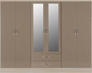 NEVADA 6 DOOR 2 DRAWER WARDROBE - OYSTER GLOSS/LIGHT OAK EFFECT VENEER