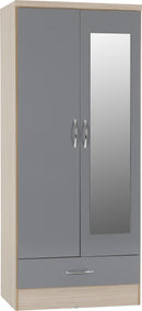 NEVADA MIRRORED 2 DOOR WARDROBE - GREY GLOSS/LIGHT OAK EFFECT VENEER