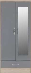 NEVADA MIRRORED 2 DOOR WARDROBE - GREY GLOSS/LIGHT OAK EFFECT VENEER