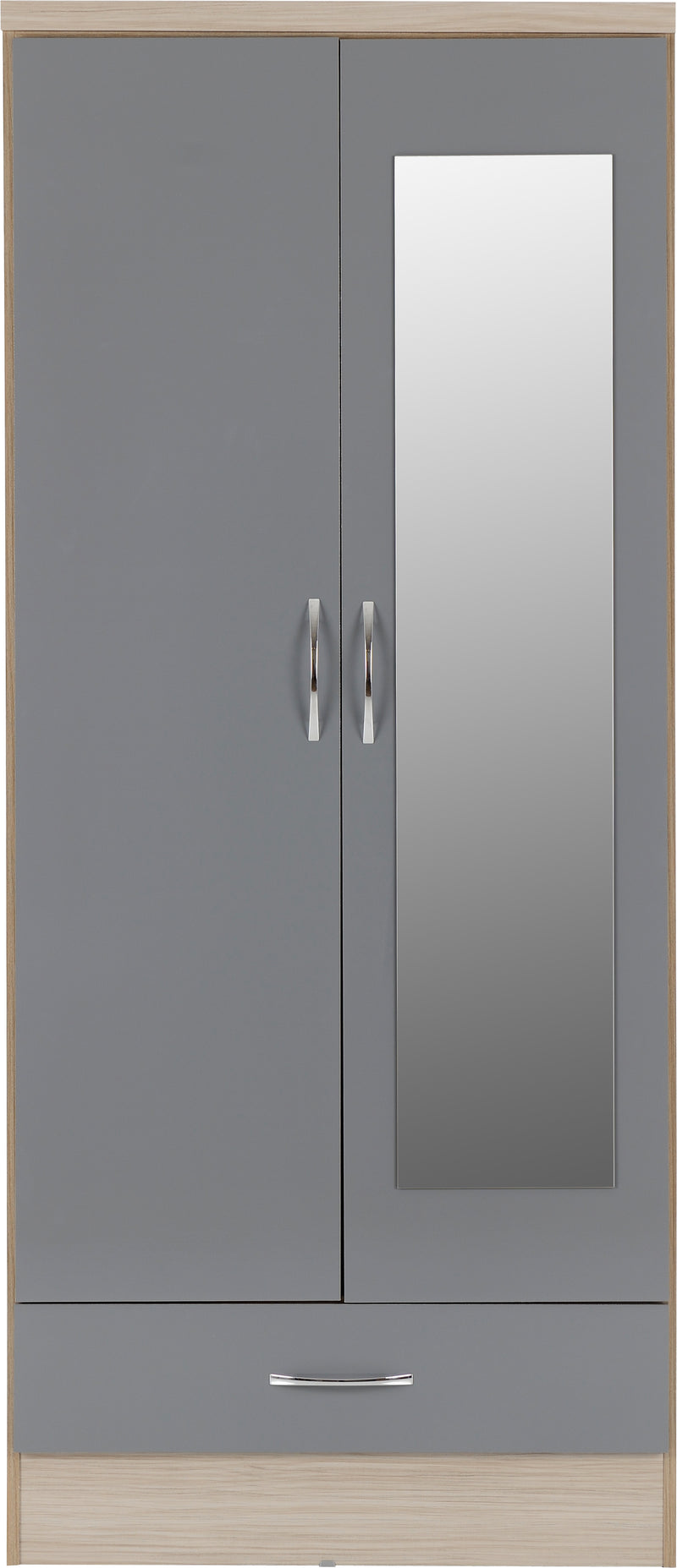NEVADA MIRRORED 2 DOOR WARDROBE - GREY GLOSS/LIGHT OAK EFFECT VENEER