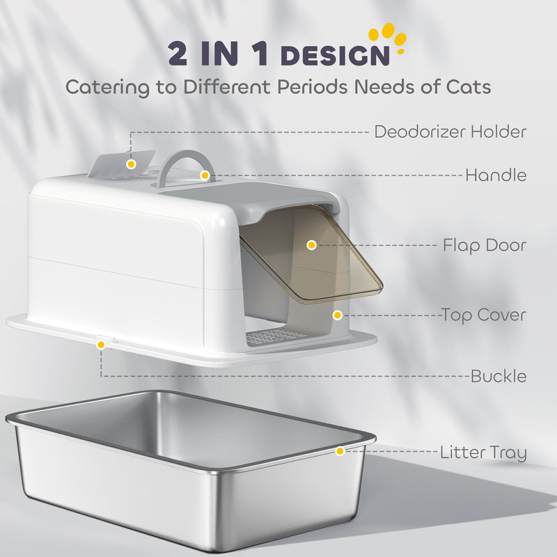 PawHut Stainless Steel Cat Litter Box with Removable Lid, Scoop, White