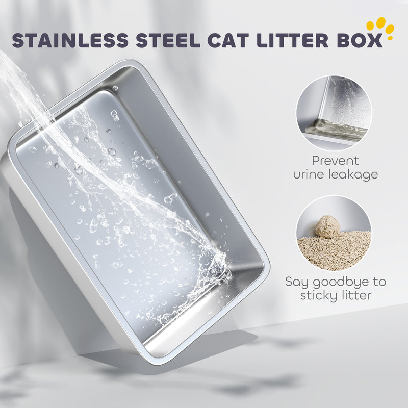 PawHut Stainless Steel Cat Litter Box with Removable Lid, Scoop, White