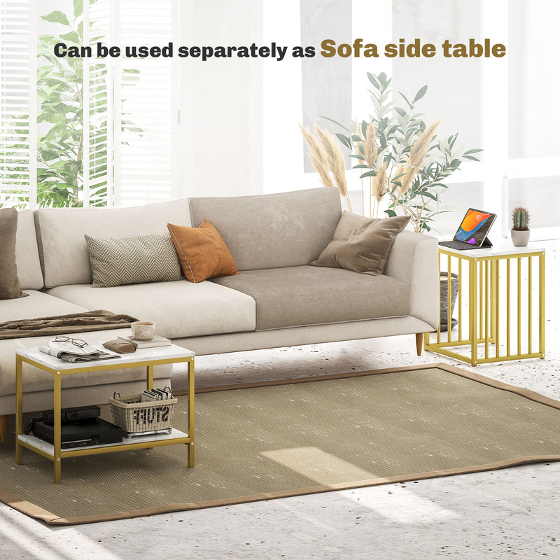 HOMCOM Modern Coffee Table Set Of Two W/ Steel Frame Marble-Effect Gold Tone