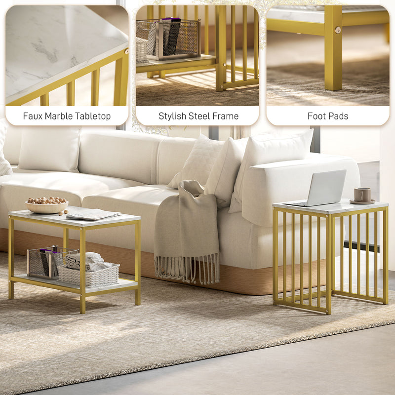 HOMCOM Modern Coffee Table Set Of Two W/ Steel Frame Marble-Effect Gold Tone