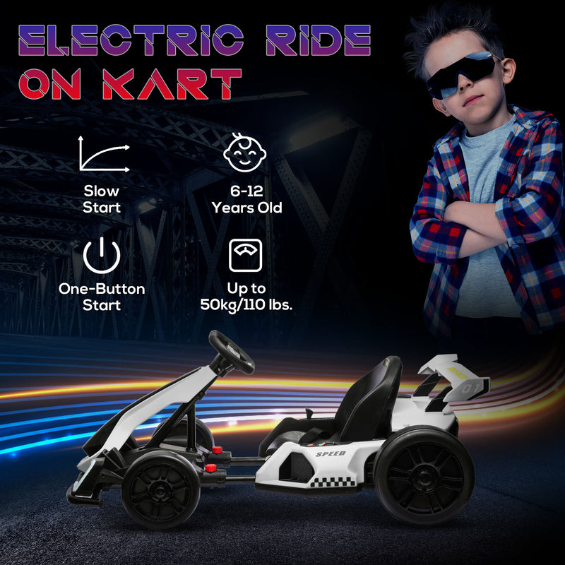HOMCOM 24V White Electric Go Kart For Kids With Adjustable Seat